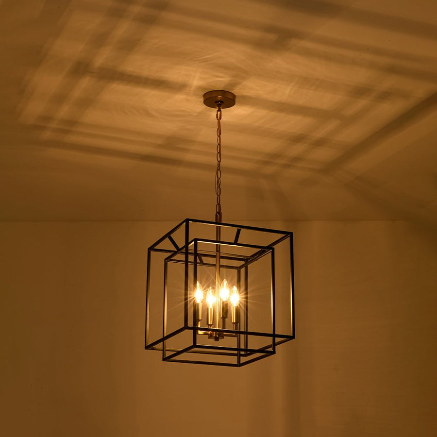 Farmhouze Light - Vintage Farmhouse 2 - Layer Metal Square Cage Chandelier - Chandelier - 4 Bulbs - 