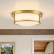 Load image into Gallery viewer, Farmhouze Light-Vintage Opal Glass Drum Dimmable LED Semi Flush Mount-Ceiling Light-Brass-
