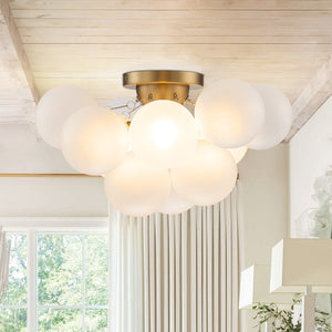 Farmhouze Light - White Glass Globe Cluster Bubble Semi - Flush Mount - Ceiling Light - Brass - 