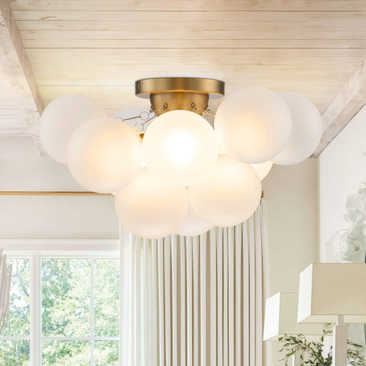 Farmhouze Light - White Glass Globe Cluster Bubble Semi - Flush Mount - Ceiling Light - Brass - 