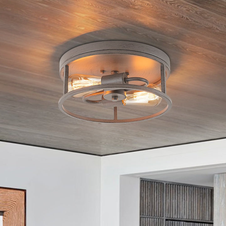 Farmhouze Light - Whitewashed Brown Wood Grain Drum Flush Mount Light - Ceiling Light - 11.8 in - 