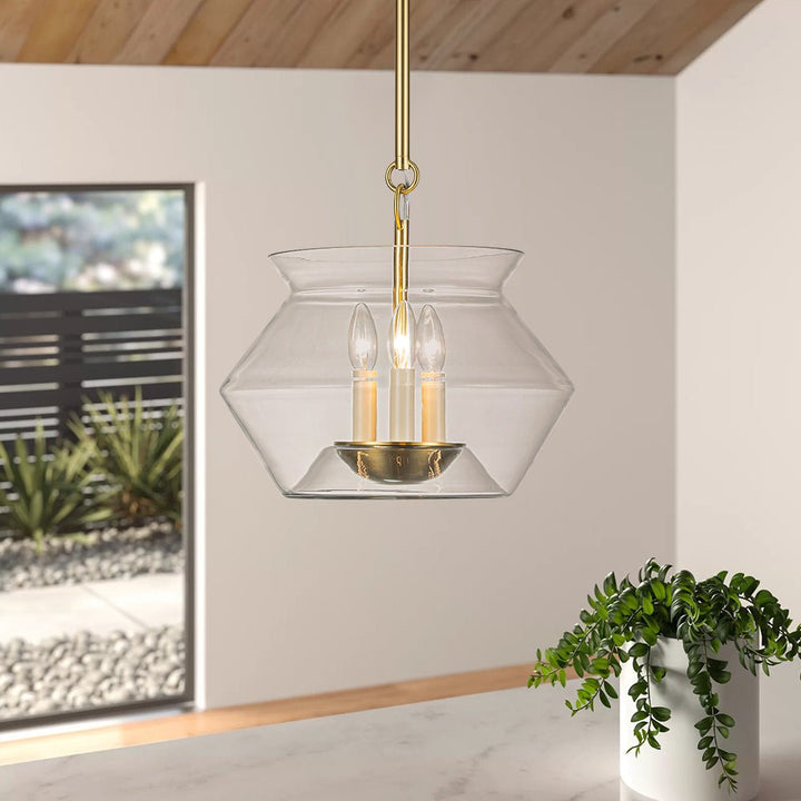 Farmhouze Light-3-Light Clear Glass Wide Geometric Shade Pendant Light-Pendant-Gold-
