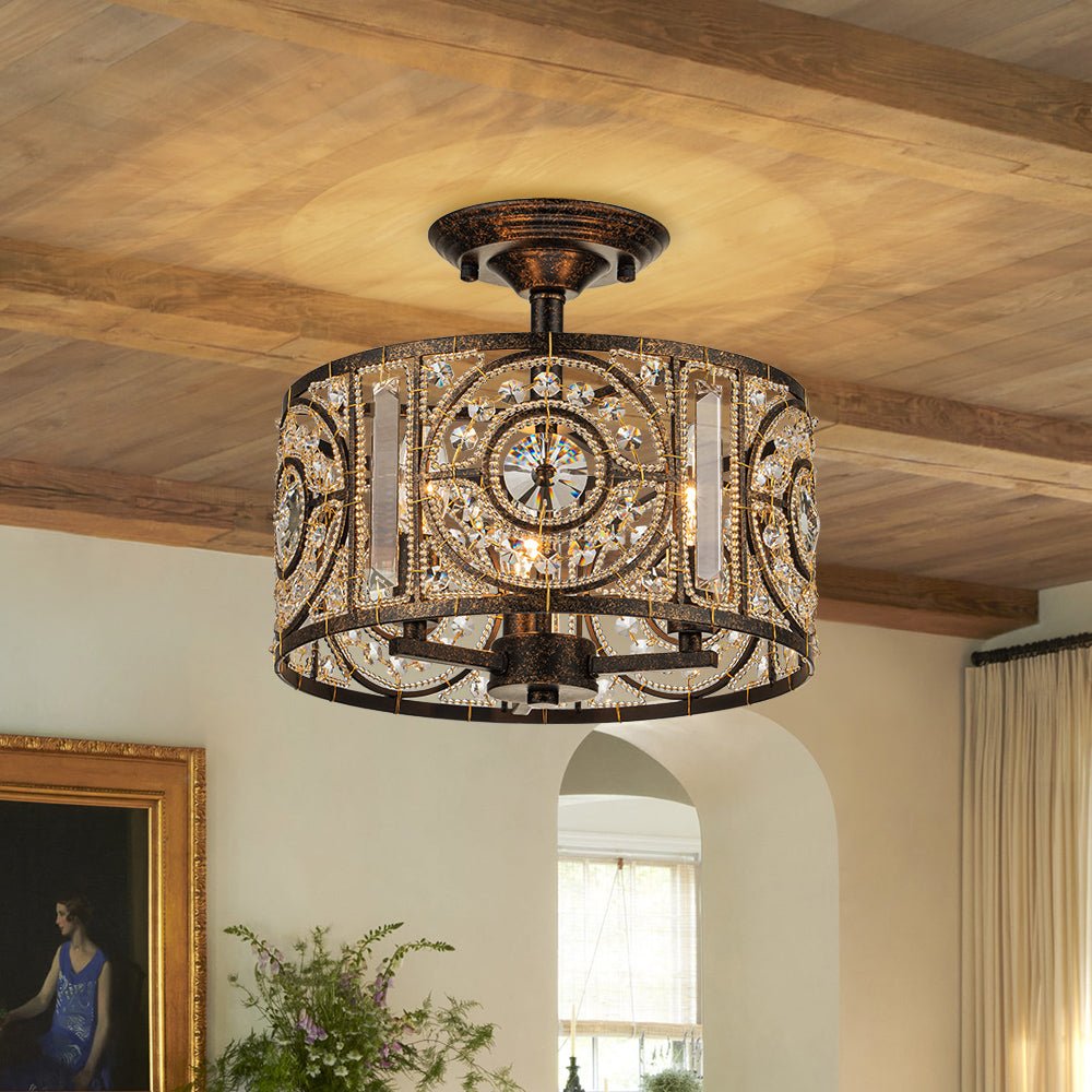 3-Light Vintage Glam Crystal Drum Flush Mount Ceiling Farmhouze Light