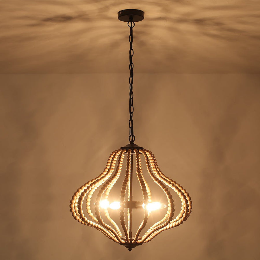 Farmhouze Light-5-Light Boho Geometric Wood Beaded Lantern Pendant Light-Chandelier-Beige-