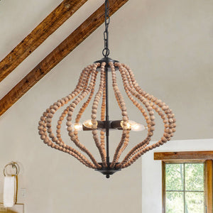Farmhouze Light-5-Light Boho Geometric Wood Beaded Lantern Pendant Light-Chandelier-Brown-