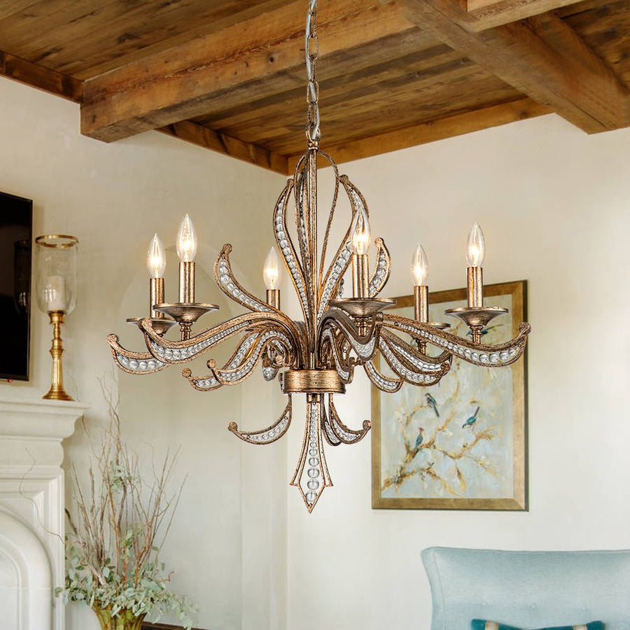 Farmhouze Light-6-Light Crystal Bead Vintage Metal Empire Candle Chandelier-Chandelier-6-Light-