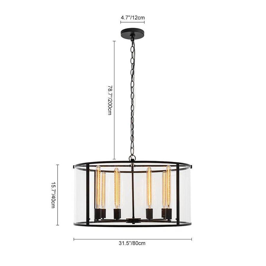 Farmhouze Light-8-Light Vintage Glass Wide Drum Lantern Pendant-Chandelier-Black-