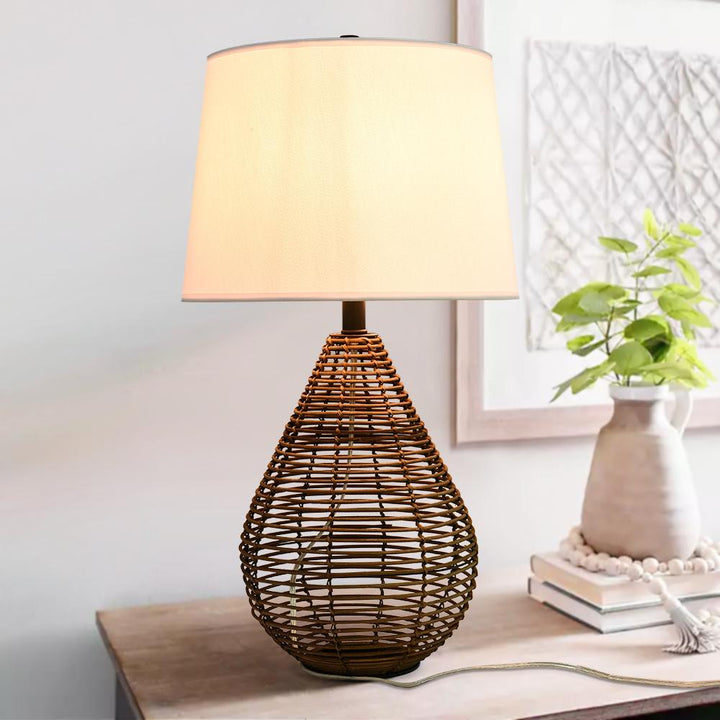 Farmhouze Light-Fabric Shade Rattan Table Lamp-Table Lamp--