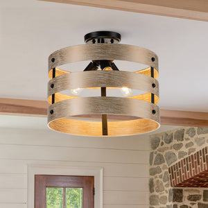 Farmhouze Light-Faux Wood Drum Semi Flush Mount-Ceiling Light--