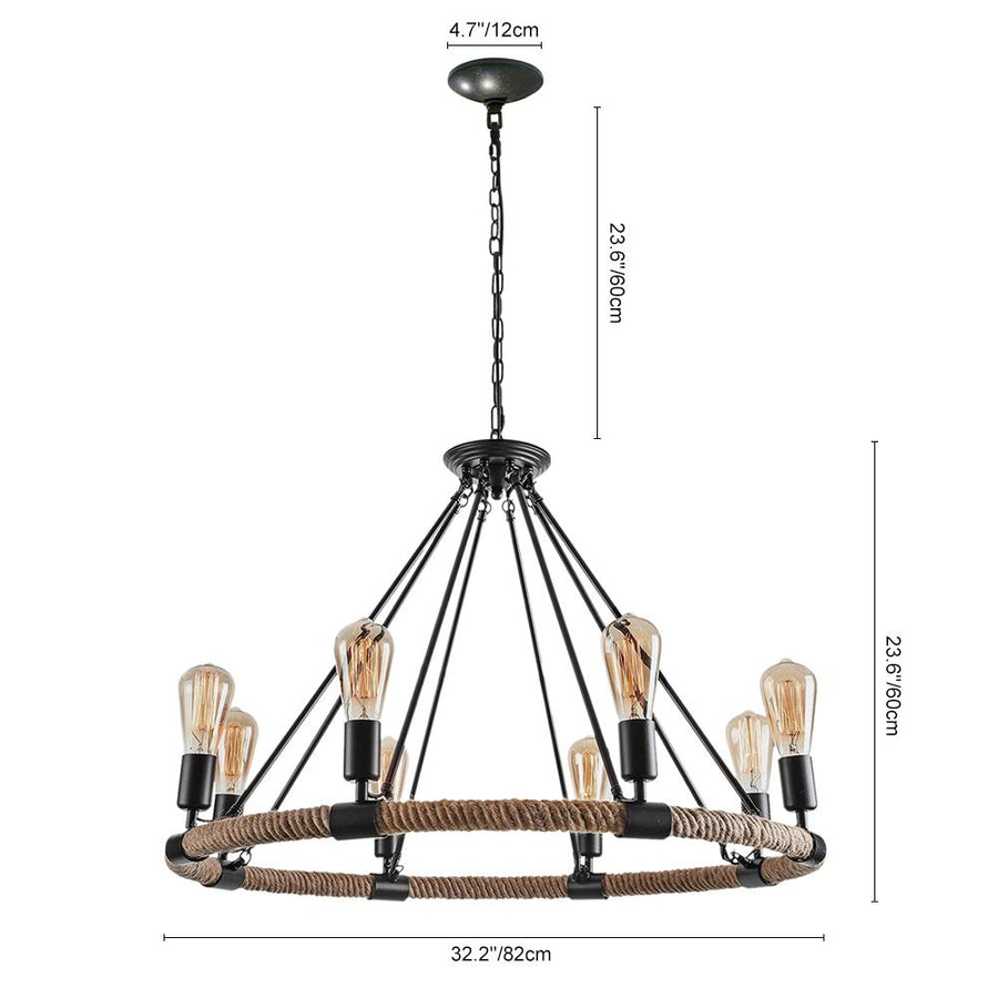 Farmhouze Light-Industrial Retro Hemp Rope Pendant Light-Chandelier-8 bulbs-