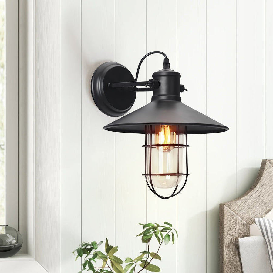 Farmhouze Light-Industrial Vintage Black Metal Cage Wall Sconce-Wall Sconce--