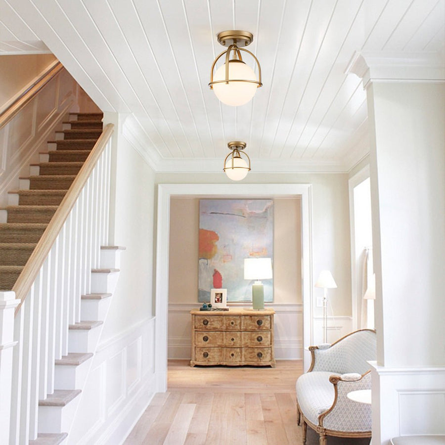 Mid-century 1-Light Opal Glass Globe Semi-Flush Mount Farmhouze Light