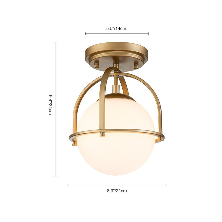 Farmhouze Light-Mid-century 1-Light Opal Glass Globe Semi-Flush Mount-Ceiling Light-Brass-