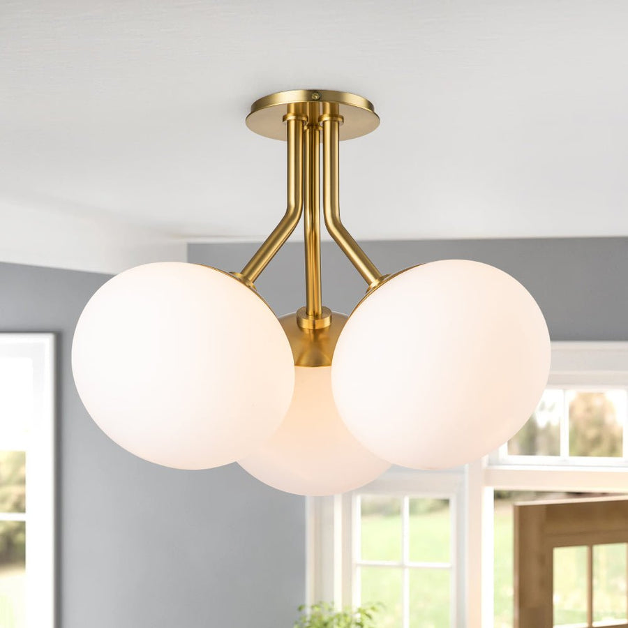 Farmhouze Light-Modern 3-Light Opal Glass Globe Semi Flush Mount Light-Ceiling Light-Brass-