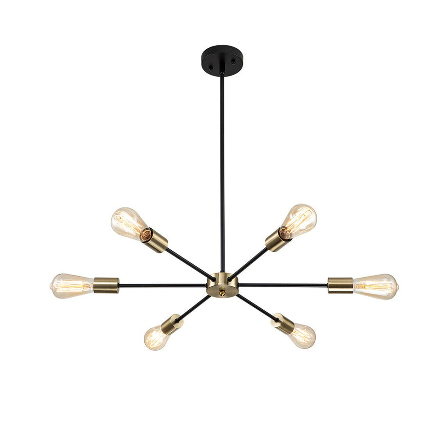 Farmhouze Light-Modern Mid-Century Linear Sputnik Pendant Light-Chandelier-Black+Brass-6-Light
