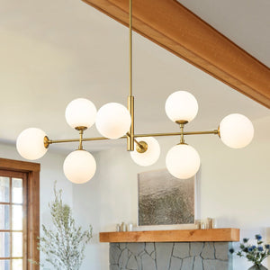 Farmhouze Light-Sputnik Opal Glass Globe Kitchen Island Pendant-Chandelier-8-Light-Brass