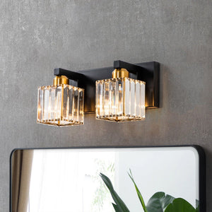 Farmhouze Light-Square Crystal Shade Vanity Wall Sconce-Wall Sconce-2-Light-Black + Gold