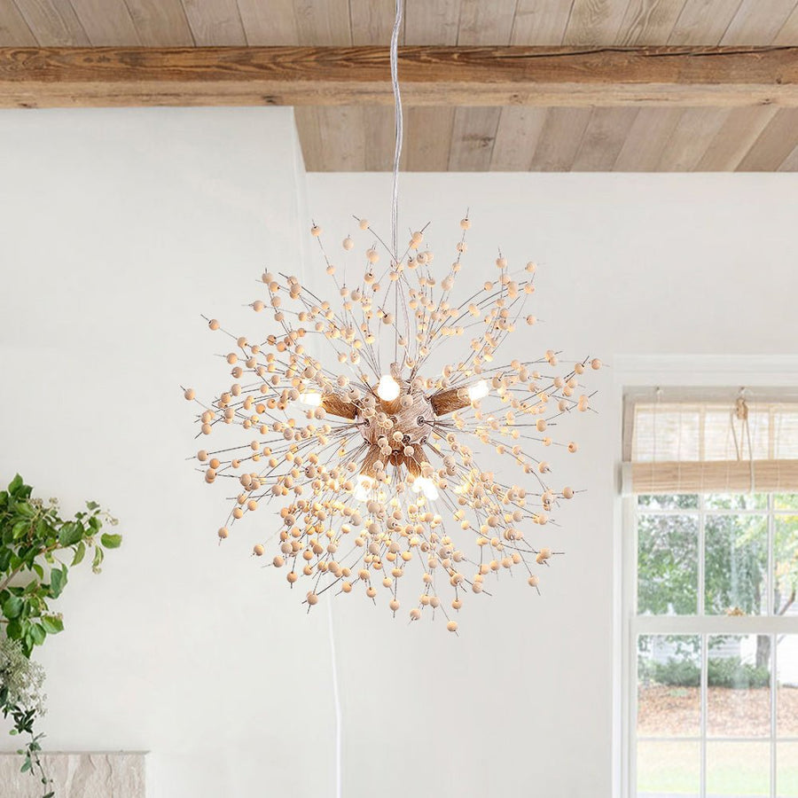 Farmhouze Light-Wood Beaded Dandelion Pendant Light-Chandelier-8-light-